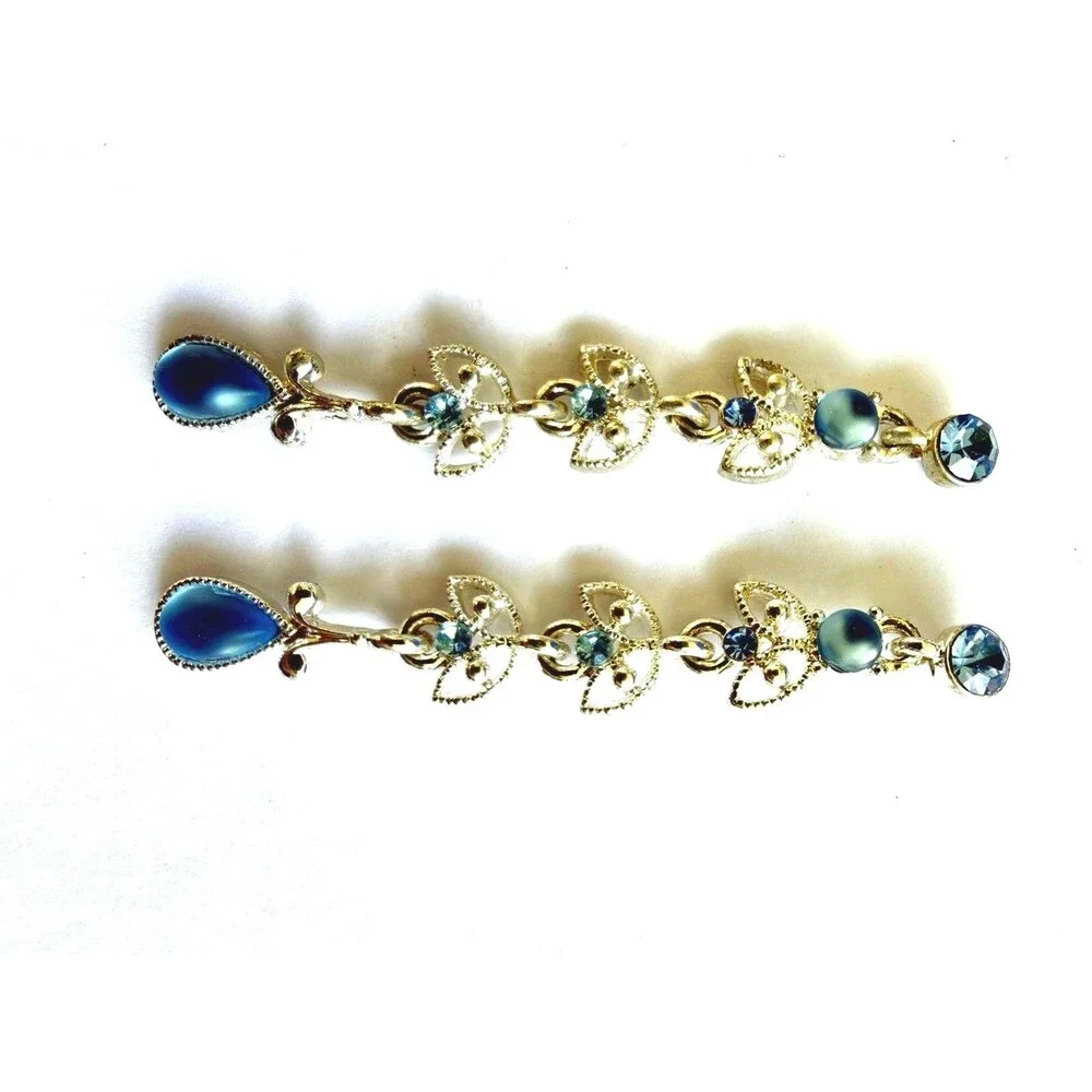 Vintage Blue Crystal Dangle Earrings Silver Tone Filigree Tiered Drop Victorian